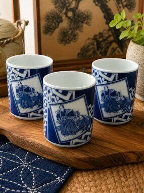 Set of 3 Vintage Japanese Blue & White Yunomi Tea Cups Sumo Wrestler Porcelain